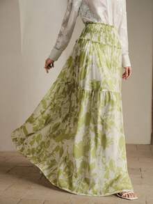 Anewsta Romantic Elegant French Chiffon Floral Skirt, Fashionable Design Pleated Midi Skirt, Spring/Summer New Arrival - Lime Green - View 5