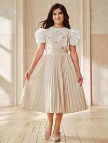 Anewsta Spring/Summer Sweet School Style Embroidered Pleated Girls' Jumper Dress - Apricot - View 3