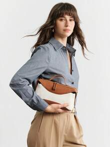 SHECARRY Ladies Casual Canvas Splicing Handbag - Beige Canvas + Brown - View 7