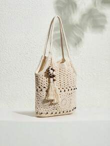 SHECARRY 时尚编织手提包，米色镂空设计 - 米色 - 查看 2
