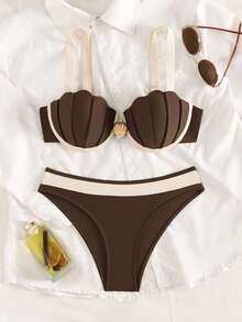 SHEIN Swim Chicsea Bộ bikini tam giác 2 mảnh dành cho nữ, phối màu tương phản, cúp ngực hình vỏ sò, dây đeo dày, khóa cài phía sau có thể điều chỉnh. - Nhiều màu - Xem 4