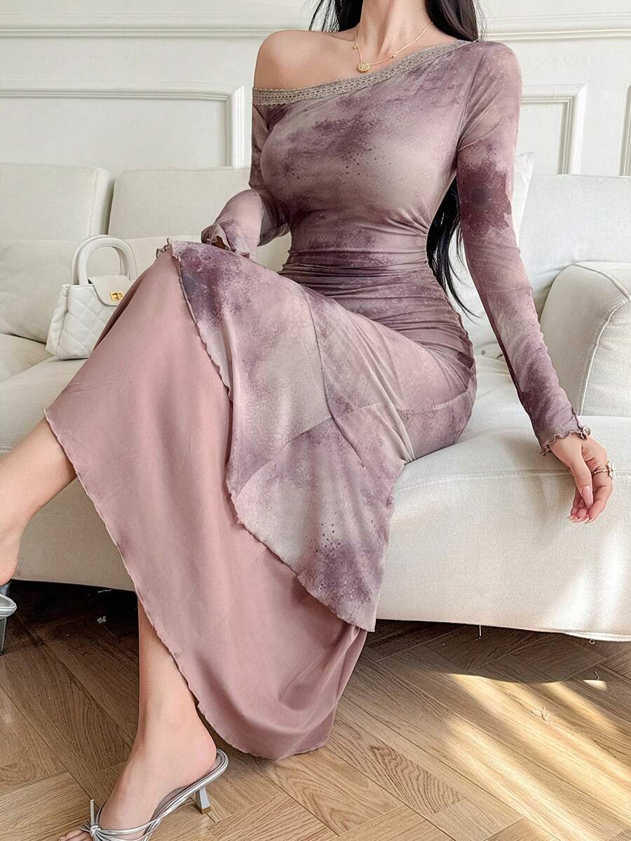 DAZY Women's Asymmetric Neckline Long Sleeve Ruffle Hem Dress - Purple - View 1