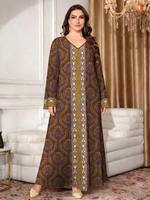 SHEIN Najma 石榴花复古图案菱形几何印花长款连衣裙，V领长袖优雅阿拉伯风格连衣裙，适合大码女性，春夏款 - 彩色 - 查看 5