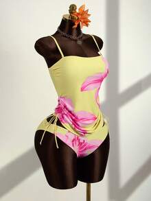 Zestiva 女士印花吊带泳衣套装，优雅度假休闲风 - 鵝黃色 - 查看 3