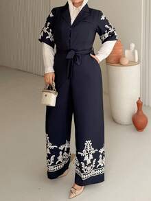 Dazy Plus Plus Size Women V-Neck Patterned Print Lace-Up Long Jumpsuit, Suitable For Commuting, Spring/Summer Romper - Navy Blue - View 6
