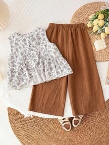 LMoss Kids 2件套女童碎花宽松休闲圆领上衣和裤子套装，夏季 - 彩色 - 查看 1