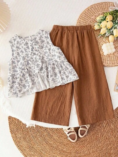 LMoss Kids 2件套女童碎花宽松休闲圆领上衣和裤子套装，夏季