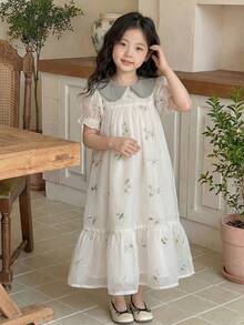 SHEIN Đầm công chúa dáng dài cho bé gái, cổ áo phối màu, thêu hoa và tay áo cánh hoa. - Nhiều màu - Xem 1