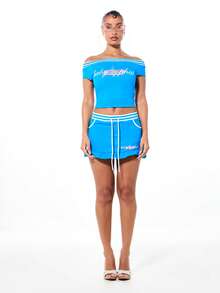 BABYPHAT Ribbed Trim Off Shoulder Jersey Top With Scripted Text Design And White Stripe Detailing For Summer Casual Wear - Blue - View 3