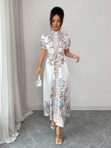 Selianne Vestido de mujer estilo palacio, vestido largo con estampado y cintura anudada con mangas francesas abullonadas, vestido elegante para mujer - Blanco - Ver 4
