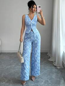 Elenzga 女士夏季新款非洲雏菊提花压纹优雅休闲日常通勤商务套装蓝色背心和裤子两件套 - 藍色 - 查看 4