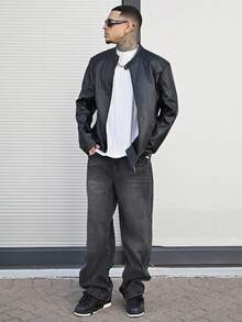 Devon Thys 男士长袖PU皮保暖内衬夹克，保暖休闲外套，立领，秋冬季 - 黑色 - 查看 4