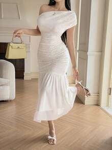 Feyla 女士褶皱不对称中长连衣裙，优雅时尚 - 白色 - 查看 4