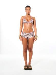 SUMWON WOMEN Foiled Metallic Zebra Print Triangle Halter Bikini Set With Lace Up Shorts Summer Beach Swimwear - Pink - View 3