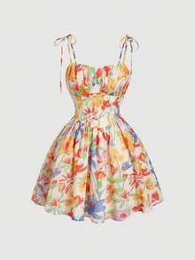 SHEIN MOD 女士碎花褶皱腰部吊带迷你连衣裙 - 彩色 - 查看 4