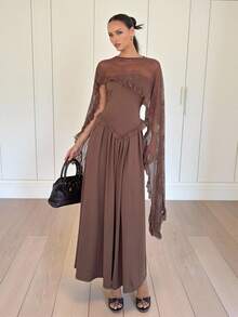 Siren Gaze 女士优雅撞色蕾丝腰身连衣裙，棕色，度假风，秋冬款 - 棕色 - 查看 4