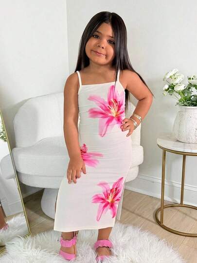 Young Girls Floral Print Knit Dress With Slit, Fashionable & Versatile For Beach, Vacation, Hawaii Trip, Matching Family, Sisters Photo Shoot, Park, Camping, Party, Casual Daily Wear, Leisure Holiday
