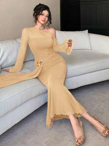 DAZY Elegant Solid Color Asymmetric Ruched Butterfly Decor Fishtail Midi Dress For Women, Autumn Sundress - Apricot - View 5