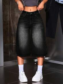 SHEIN PETITE Women's Casual 2000s Y2k Washed 7/10 Length Wide Leg Denim Jeans Night Out Black Summer - Black - View 3