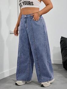 SHEIN PETITE CURVE 大码休闲纽扣口袋宽松牛仔裤 - 深色水洗藍 - 查看 5