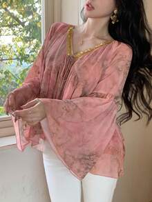 DAZY 女士优雅花卉亮片拼接褶裥系带衬衫，春夏款 - 粉色 - 查看 2