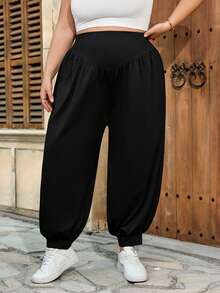 SHEIN CURVE+ Curve 尺码 US22 音乐节、海滨度假、波西米亚风女士高腰宽松抽绳慢跑裤，舒适女裤 - 黑色 - 查看 9