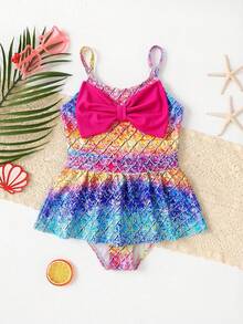 SHEIN Young Girls Mermaid Print Bow Cute Swimsuit, Sports, Beach, Vacation, Swimming, Casual & Fun - Purple - View 2