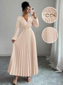 Elenzga Đầm xếp ly thanh lịch, thích hợp cho mùa tựu trường, sinh nhật, đám cưới. - Màu Khaki - Xem 4