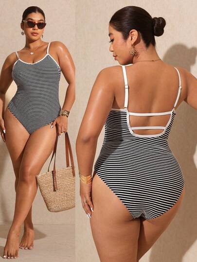 Elaquor 大码条纹吊带连体泳衣