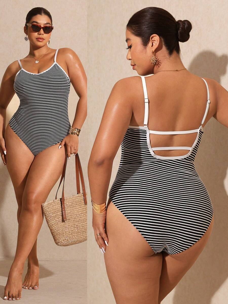 SHEIN Elaquor 大码条纹吊带连体泳衣 - 黑與白 - 查看 1