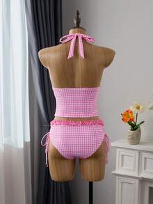 Swim Vcay 夏季女士两件套吊带比基尼泳衣，咖啡色格纹荷叶边挂脖系带上衣，侧边抽绳褶皱比基尼泳裤 - 粉色 - 查看 2