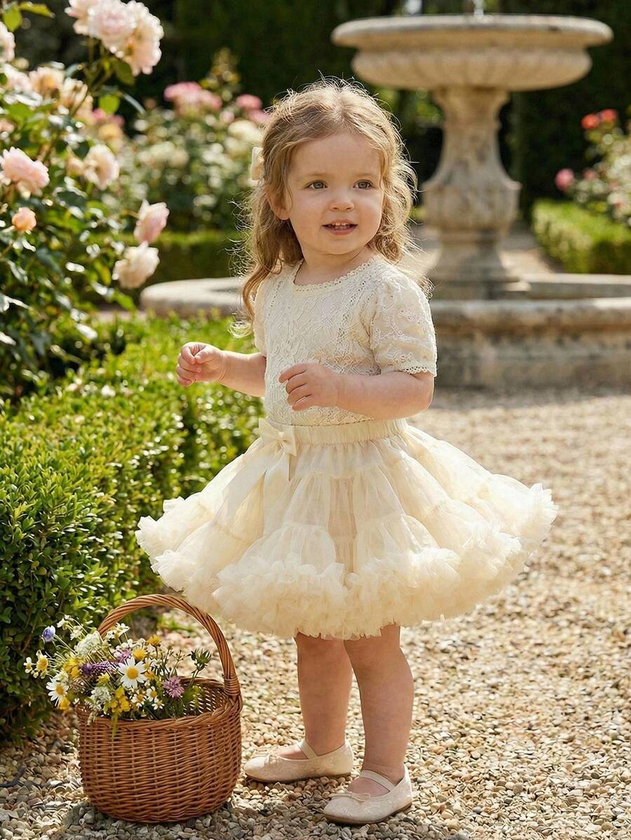 Souflis Souflis Baby Girl Infant Toddler 0-3 Years Basic Luxurious Embellished Dance Outdoor Multi-Layer Tulle Bow Puff Cake Tutu Dress Tutu Skirt, Pink Tutu Ballet Tutu - Apricot - View 1