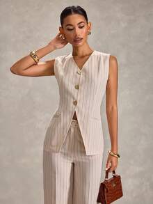 RueChic Women Striped Linen Fabric Detailed Two Pieces Suit Sets Fake Linen - Beige - View 6