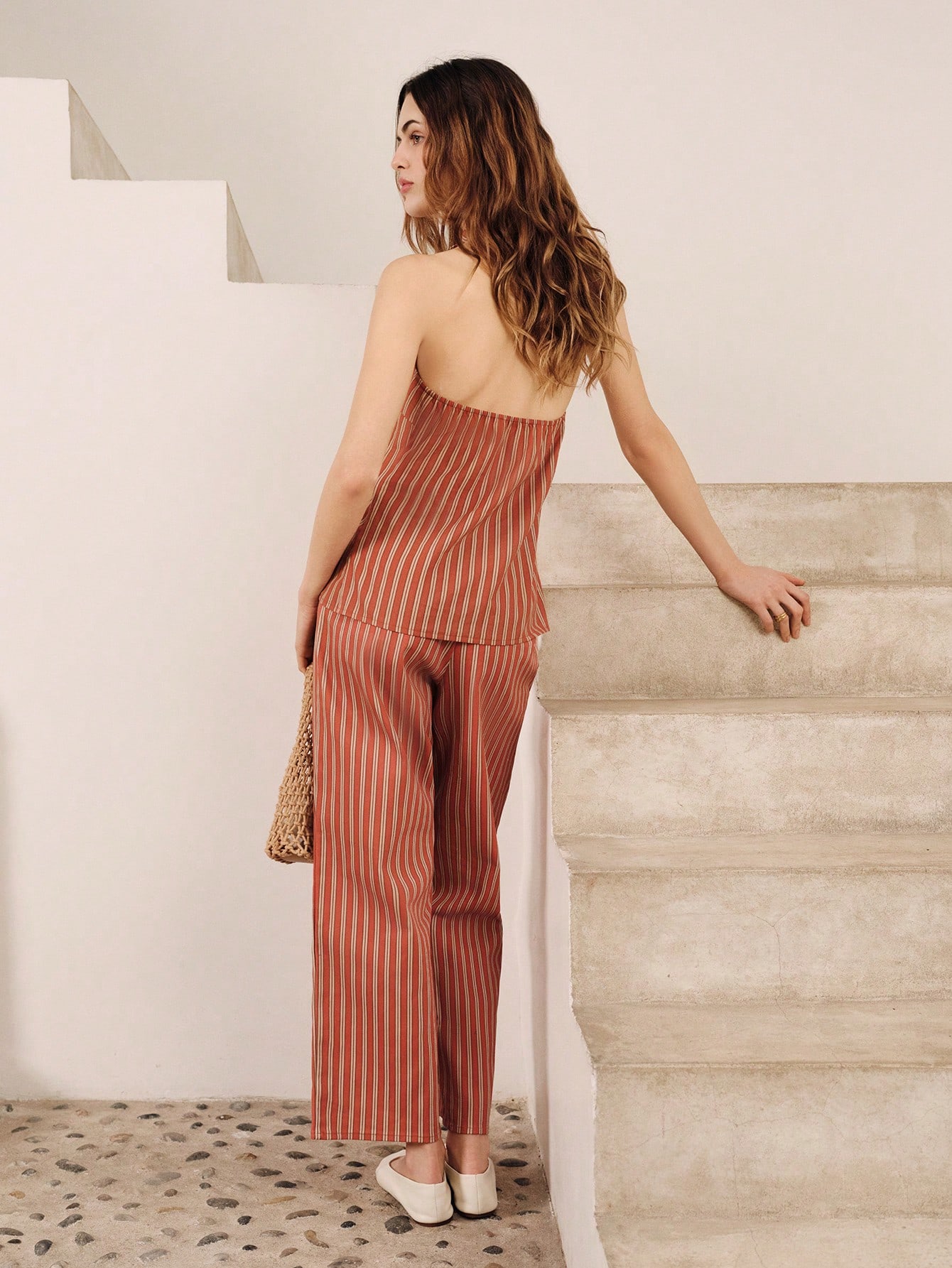 High-Waisted Striped Straight-Leg Trousers For Summer Vacation Spring Summer Style French Style Parisian Style Vacation Business Casual Resort