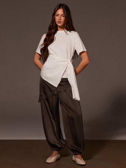 Athîral Women's Casual 2 In 1 Brown Color Lace Patchwork Lantern Pants,Brown Balloon Pants With Tapered Cuffs, Crafted From Soft And Comfortable Woven Fabric,Casual Pant For Women,Casual Women Outfits,Summer Vacation Outfits,Vacation Outfits For Women,Holiday Outfits For Women,Carnival Clothes,Spring Clothing,Spring Break Outfits,Beach Outfit, Valentine's Day Outfit