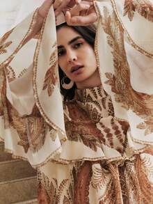 Anewsta 优雅复古飘逸花卉印花女式长袖宽松荷叶领衬衫，嘉年华风格，适合春夏季节和度假穿着。 - 彩色 - 查看 3