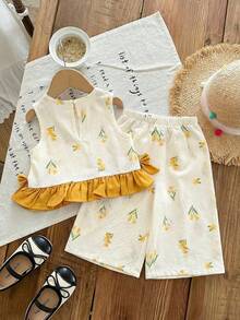 SHEIN Baby Girl Summer Cute Yellow Striped Camisole Top And Elastic Waist Pants Set - Yellow - View 2