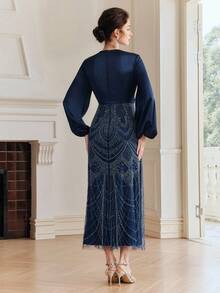 Anewsta Women's Fashion New Valentine's Day Wedding Bridesmaid Hot-Selling Heavily Beaded Long Sleeve Elegant Party Dress Royal Blue Elegant Dress Women Luxury Dress For Women Blue Silk Dress French Style Dress Long Sleeve Elegant Dress - Blue - View 7