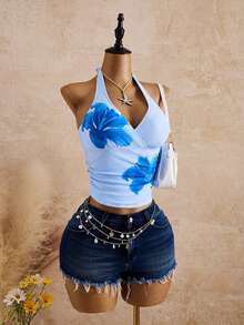 Zestiva 女士印花露背吊带泳衣上装，适合海滩度假 - 藍色 - 查看 5