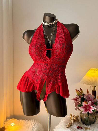 Auralis 大碼花卉蕾絲荷葉邊深V領露背吊脖性感緊身連體衣