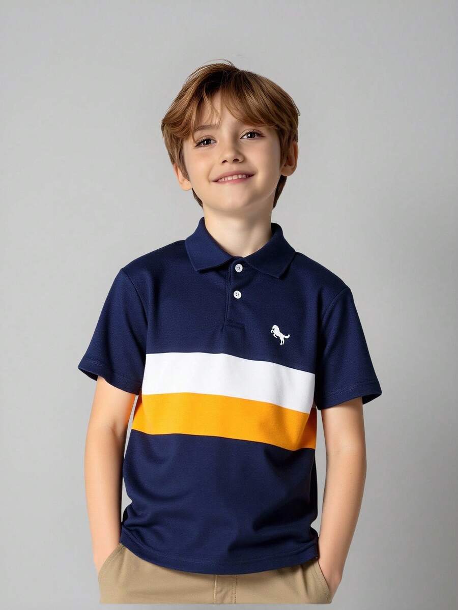 SHEIN Vacaura Áo polo tay ngắn kẻ sọc phối màu phong cách thường ngày cho bé trai tuổi teen, mùa hè. - Xanh đậm - Xem 1
