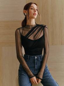 Anewsta New Elegant Fashion Holiday New Year Party Date Fitted Elastic Ruched Mesh Bodysuit For Women, Versatile & Sexy, Spring/Summer - Black - View 6