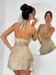 Firerie Women's Elegant Party, Gathering, Music Festival Dress, Gold Coated Material, Halter Neck Tie, Backless, Waist Cinched, Ruffle Hem Short Dress, Vacation, Party, Wedding Season - Gold - View 2