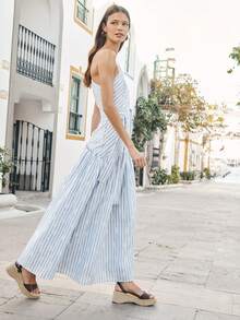 Nöista One-Shoulder Midi Dress In Diagonal Stripe And Asymmetric Hip Seam - Baby Blue - View 3