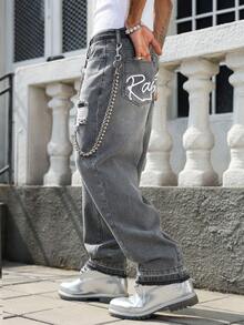 Manfinity EMRG Men's Casual Distressed Embroidered Loose Fit Dark Grey Jeans - Dark Grey - View 6