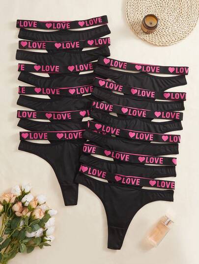 12pcs/Pack Plus Size Women's Letter & Heart Waistband Casual Panties