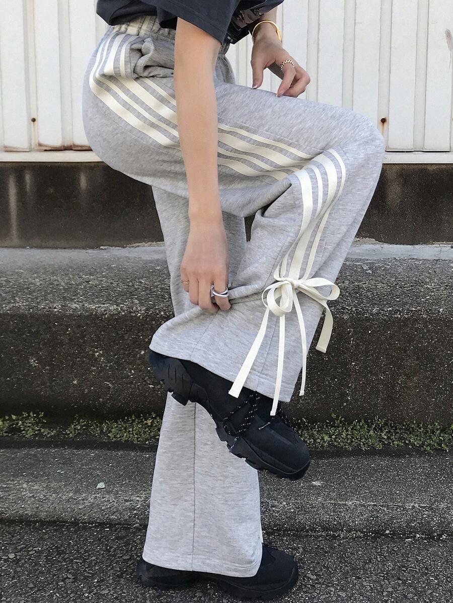 FRIFUL Women's Casual Contrast Striped Drawstring Pants School - Grey - View 1