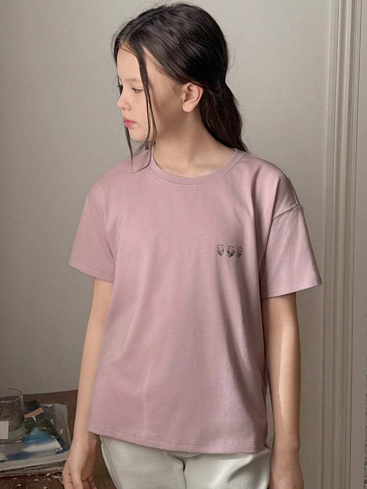 Tween Girls' Casual Floral & Slogan Print Round Neck Short Sleeve T-Shirt, Summer