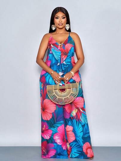 SOLERSUN Mono con estampado floral de cuello en V con volantes y espalda descubierta, con adornos de cuentas metálicas y pantalones anchos de pierna recta, adecuado para uso casual diario, reuniones, citas, San Valentín, viajes, vacaciones en la playa, Año Nuevo, festivales de música, carnavales, una prenda de vestir de estilo bohemio sexy y elegante para mujeres.