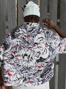 NEON BLANC Men's Summer Fashion Tiger Print Button-Front Short Sleeve Shirt - Red - View 5